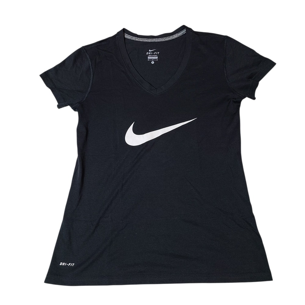 Nike Dri Fit V Neck Short Sleeve Athletic T Shirt Women M Center Swoosh